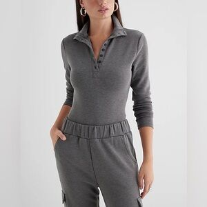 Express Womens Small Gray Body Contour Luxe Lounge Long Sleeve Henley Bodysuit S